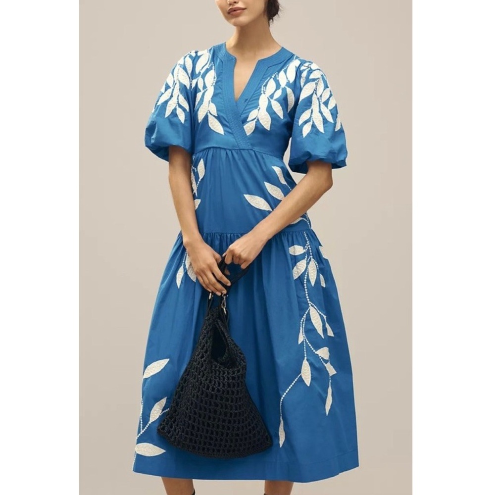 By Anthropologie Short-Sleeve Embroidery Appliqué Maxi Dress Royal Blue Summer S